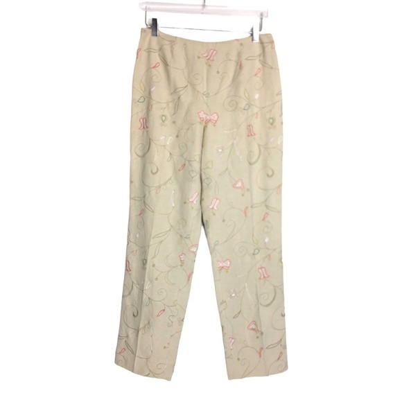 Linen Silk Blend Floral Embroidered Pants 10 - Picture 1 of 12